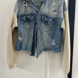 Essue Blue Denim Jacket with Cream Knit Sleeves